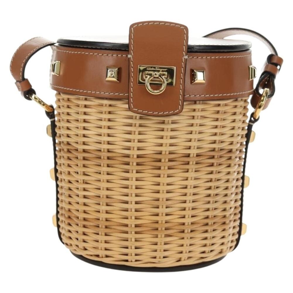 Salvatore Ferragamo Gancini Straw Shoulder Bag Beige